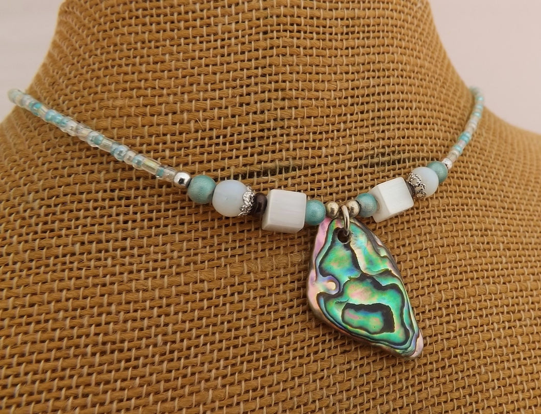 Light Blue & White Handmade Paua Shell & Bead Necklace