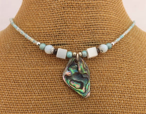 Light Blue & White Handmade Paua Shell & Bead Necklace