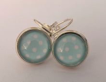 Load image into Gallery viewer, Light Blue &amp; White Polka Dots - Silver Tone Dome Earrings on Lever Back Hooks
