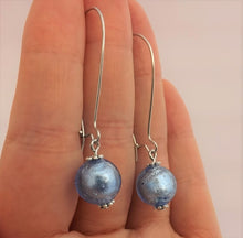 Load image into Gallery viewer, Light Frosty Blue Foil Glass Bead Earrings on Long Kidney Hooks
