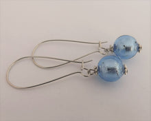 Load image into Gallery viewer, Light Frosty Blue Foil Glass Bead Earrings on Long Kidney Hooks
