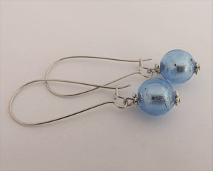 Light Frosty Blue Foil Glass Bead Earrings on Long Kidney Hooks