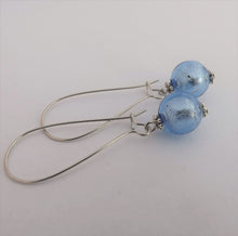 Load image into Gallery viewer, Light Frosty Blue Foil Glass Bead Earrings on Long Kidney Hooks
