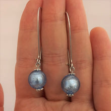 Load image into Gallery viewer, Light Frosty Blue Foil Glass Bead Earrings on Long Kidney Hooks
