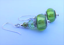 Load image into Gallery viewer, Light Green Metallic Finish Triangles Acrylic Bead Earrings on Sterling Silver Hooks
