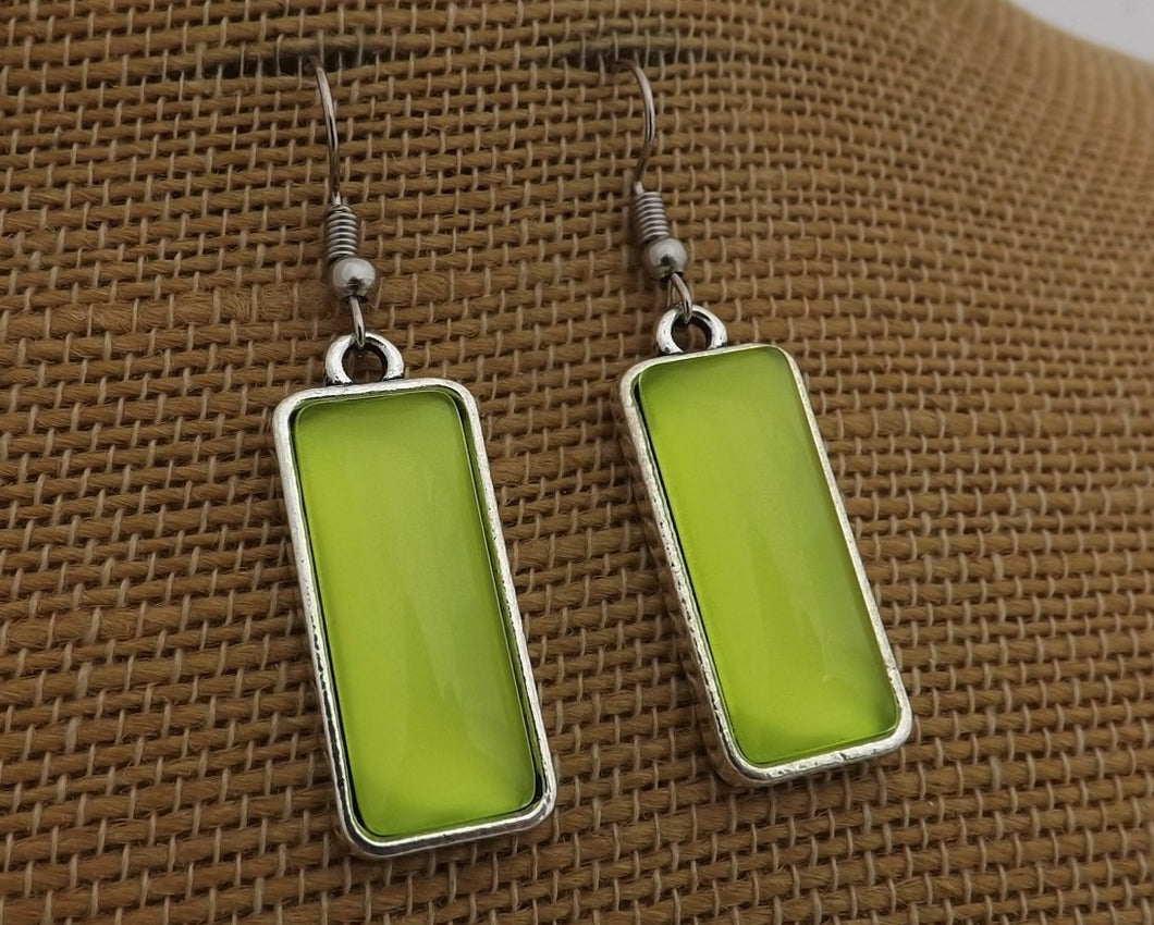 Light Green Silver Tone Dome Drop Earrings