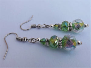 Light Green & Pink Millefiori Floral Glass Bead Earrings