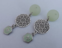 Load image into Gallery viewer, Light Green &amp; Silver Tone Drop Earrings, Stud Setting
