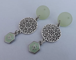 Light Green & Silver Tone Drop Earrings, Stud Setting