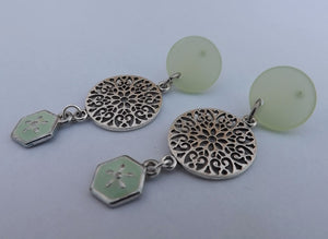 Light Green & Silver Tone Drop Earrings, Stud Setting