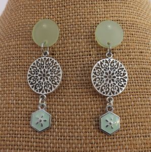 Light Green & Silver Tone Drop Earrings, Stud Setting