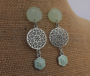 Light Green & Silver Tone Drop Earrings, Stud Setting