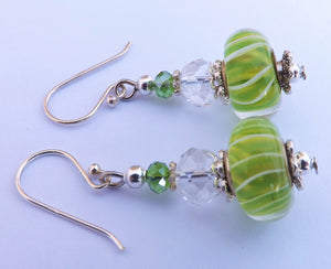 Light Green & White Art Glass Bead Earrings on Sterling Silver Hooks