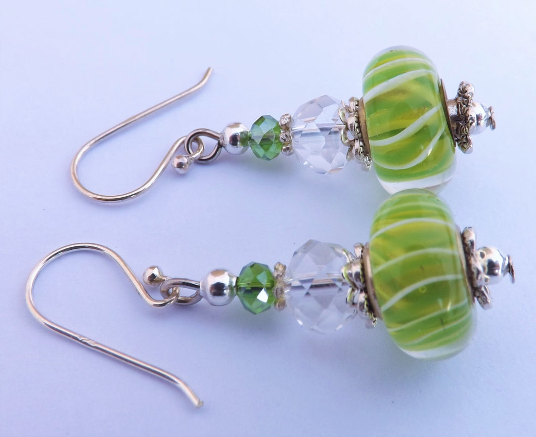 Light Green & White Art Glass Bead Earrings on Sterling Silver Hooks