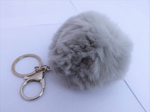 Load image into Gallery viewer, Light Grey Fluffy Pompom Silver Tone Key Ring with Purse Clip
