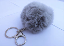 Load image into Gallery viewer, Light Grey Fluffy Pompom Silver Tone Key Ring with Purse Clip
