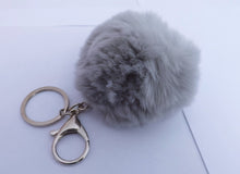 Load image into Gallery viewer, Light Grey Fluffy Pompom Silver Tone Key Ring with Purse Clip
