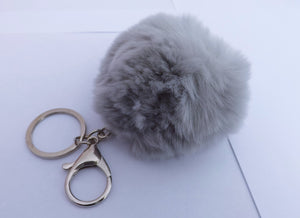 Light Grey Fluffy Pompom Silver Tone Key Ring with Purse Clip