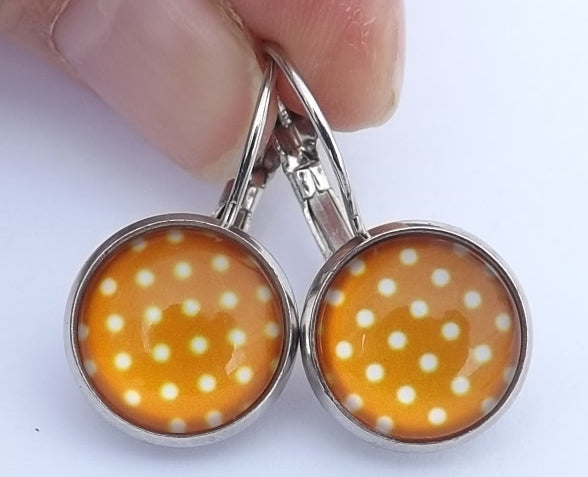 Light Orange & Cream Polka Dots - Dome Earrings on Lever Back Hooks