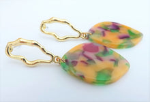 Load image into Gallery viewer, Light Orange, Green, Mauve &amp; Gold Tone Acrylic Drop Earrings
