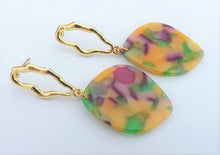 Load image into Gallery viewer, Light Orange, Green, Mauve &amp; Gold Tone Acrylic Drop Earrings
