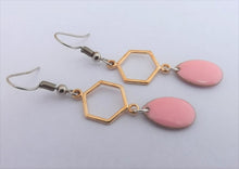 Load image into Gallery viewer, Light Pink Drop Earrings with Gold Tone Hexagon
