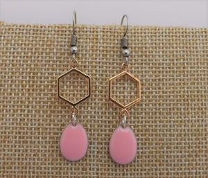 Light Pink Drop Earrings with Gold Tone Hexagon