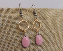 Load image into Gallery viewer, Light Pink Drop Earrings with Gold Tone Hexagon
