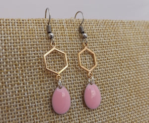 Light Pink Drop Earrings with Gold Tone Hexagon