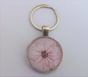 Light Pink Flower on White - Silver Tone Dome Key Ring