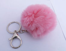 Load image into Gallery viewer, Light Pink Fluffy Pompom Silver Tone Key Ring with Purse Clip
