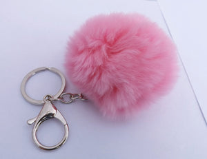 Light Pink Fluffy Pompom Silver Tone Key Ring with Purse Clip