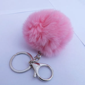 Light Pink Fluffy Pompom Silver Tone Key Ring with Purse Clip