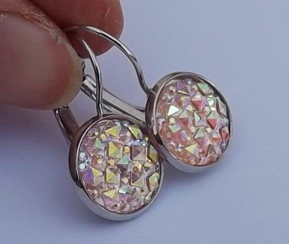 Light Pink Glitter Round Earrings on Lever Back Hooks