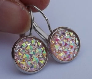 Light Pink Glitter Round Earrings on Lever Back Hooks