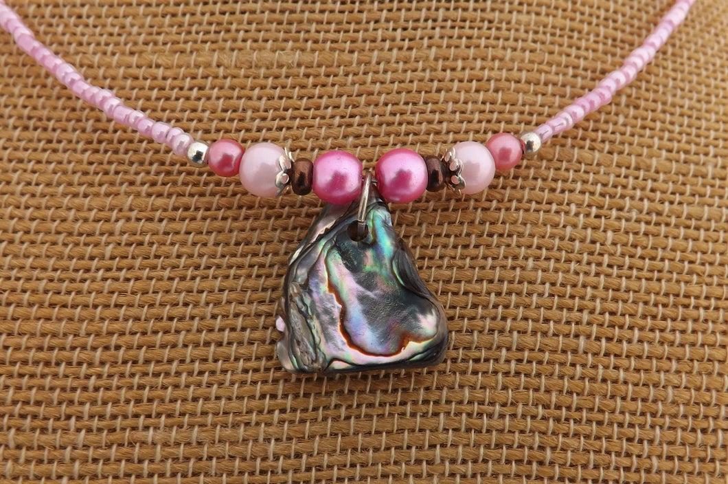 Light Pink Handmade Paua Shell & Bead Necklace