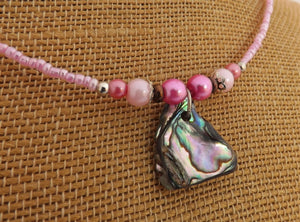 Light Pink Handmade Paua Shell & Bead Necklace