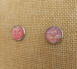 Darker Pink & Gold Glittery Stud Earrings