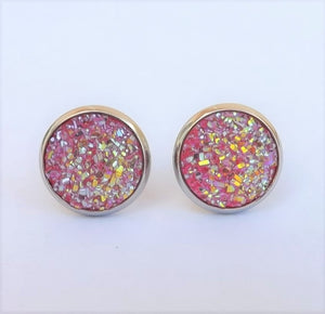 Darker Pink & Gold Glittery Stud Earrings