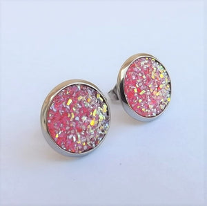 Darker Pink & Gold Glittery Stud Earrings