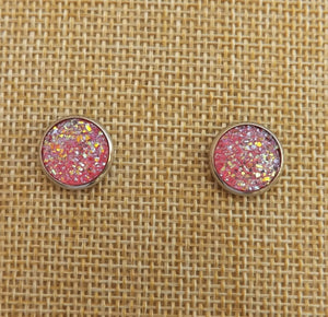 Darker Pink & Gold Glittery Stud Earrings