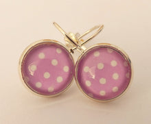 Load image into Gallery viewer, Light Pink &amp; White Polka Dots - Silver Tone Dome Earrings on Lever Back Hooks
