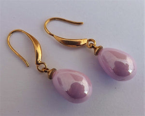 Purple Lustre Pearl Finish Gold Tone Teardrop Earrings