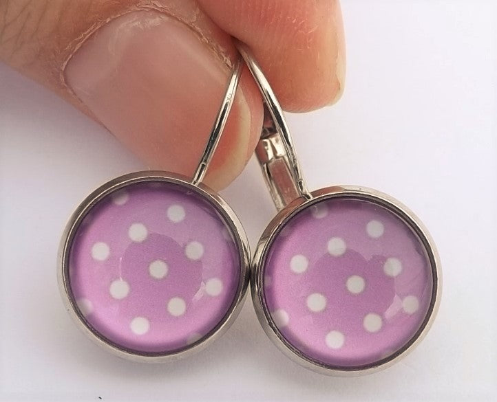 Light Purple &  White   - Dome Earrings on Lever Back Hooks