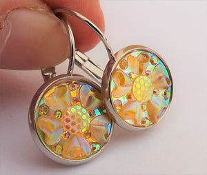 Light Yellow Lustre 3D AB Flower Round Earrings on Lever Back Hooks