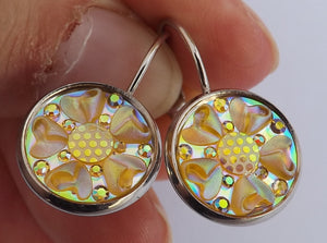 Light Yellow Lustre 3D AB Flower Round Earrings on Lever Back Hooks