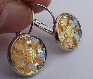 Light Yellow Lustre 3D AB Flower Round Earrings on Lever Back Hooks