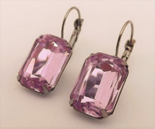 Load image into Gallery viewer, Lilac Purple Faceted Rectangle on Gunmetal Grey, Lever Back Earrings
