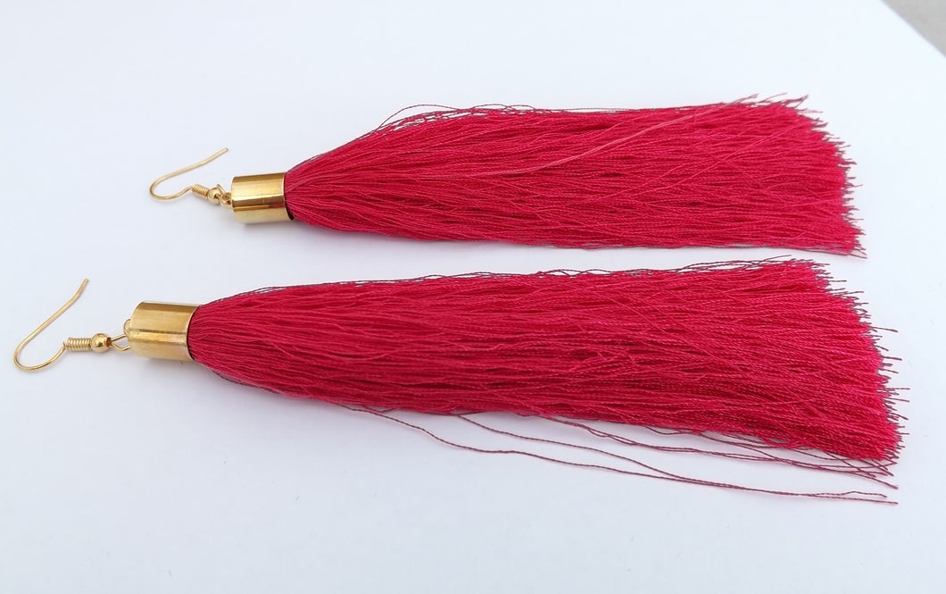 Long Hot Pink & Gold Tone Tassel Earrings