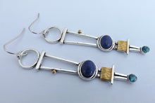 Load image into Gallery viewer, Long Silver Tone, Blue &amp; Faux Gold Drop Earrings
